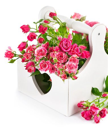 bouquet pink roses in wooden basket isolated on white background Stock Photo - Budget Royalty-Free & Subscription, Code: 400-08015239