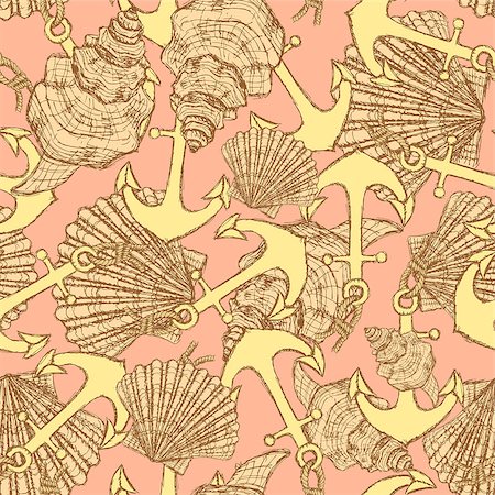 Sketch anchor and shells in vintage style, vector seamless pattern Foto de stock - Super Valor sin royalties y Suscripción, Código: 400-08015258