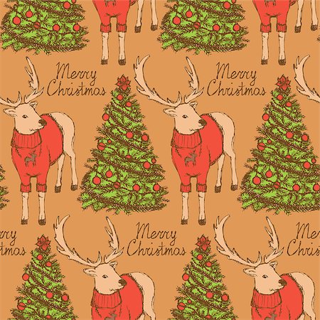 deer ornament - Sketch Christmas reindeer and New Year tree vintage style, vector seamless pattern Stock Photo - Budget Royalty-Free & Subscription, Code: 400-08015284