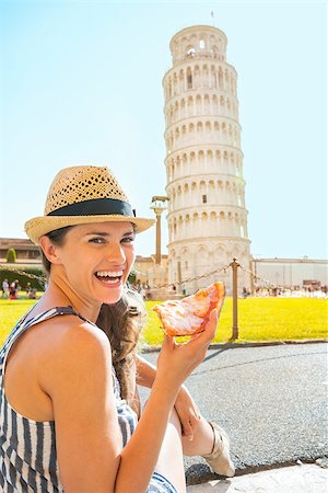 fast food city - Portrait of happy young woman eating pizza in front of leaning tower of pisa, tuscany, italy Stock Photo - Budget Royalty-Free & Subscription, Code: 400-08015797