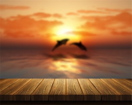simsearch:400-09068018,k - 3D render of a wooden table looking out to sea with dolphins jumping Stock Photo - Budget Royalty-Free & Subscription, Code: 400-08015840