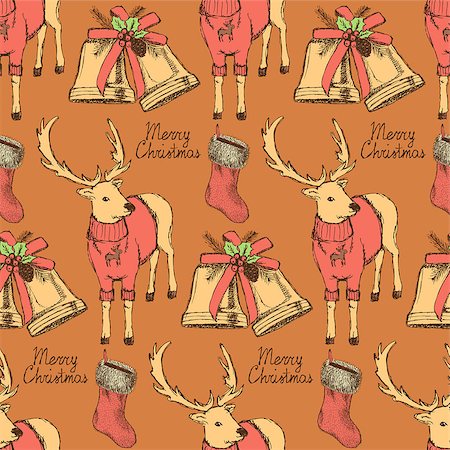 simsearch:400-08015286,k - Sketch fancy reindeer in vintage style with bell and stocking, vector seamless pattern Foto de stock - Super Valor sin royalties y Suscripción, Código: 400-08016020