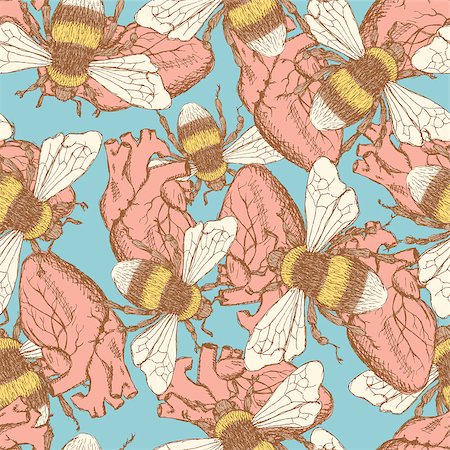 simsearch:400-07116715,k - Sketch bee and heart  in vintage style, vector seamless pattern Stock Photo - Budget Royalty-Free & Subscription, Code: 400-08016030