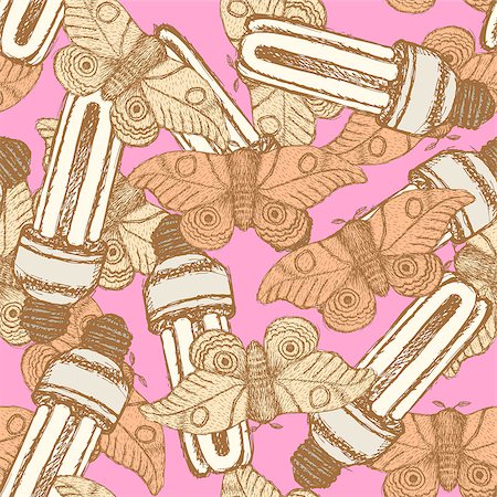 draw light bulb - Sketch lamps and moths in vintage style, vector seamless pattern Stock Photo - Budget Royalty-Free & Subscription, Code: 400-08016031