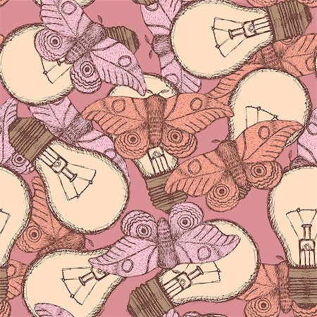 draw light bulb - Sketch lamps and moths in vintage style, vector seamless pattern Foto de stock - Super Valor sin royalties y Suscripción, Código: 400-08016032
