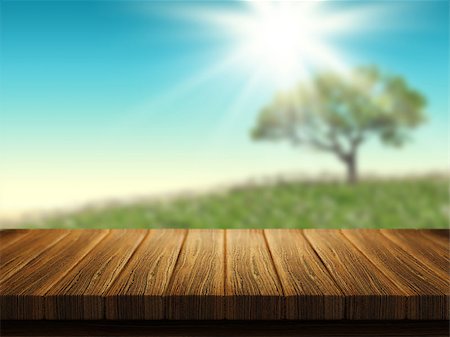 3D render of a wooden table with a tree landscape in the background Stock Photo - Budget Royalty-Free & Subscription, Code: 400-08016236