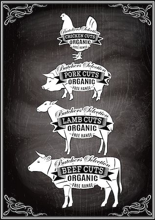 vector diagram cut carcasses of chicken, pig, cow, lamb Photographie de stock - Aubaine LD & Abonnement, Code: 400-08016445