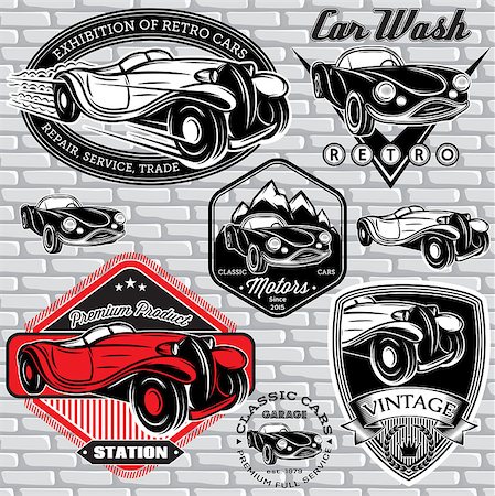 retro car wash - set of vector emblems with retro car on wall Stock Photo - Budget Royalty-Free & Subscription, Code: 400-08016442