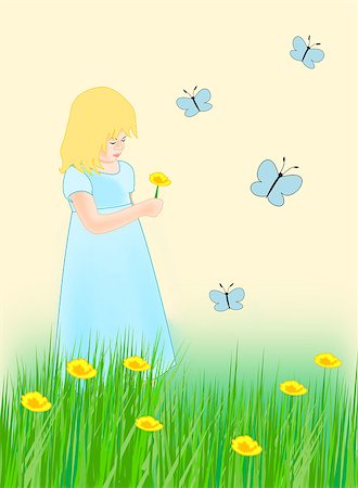 simsearch:400-05248187,k - A little girl picking flowers in a meadow, and some blue butterflies Photographie de stock - Aubaine LD & Abonnement, Code: 400-08016680