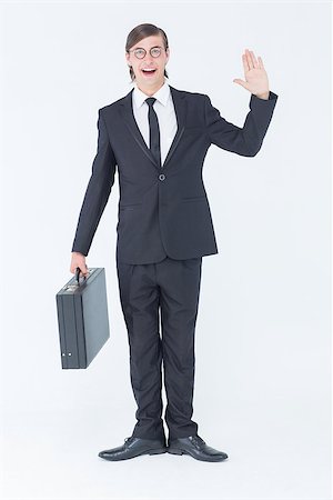 Geeky businessman waving at camera on white background Stock Photo - Budget Royalty-Free & Subscription, Code: 400-08017633