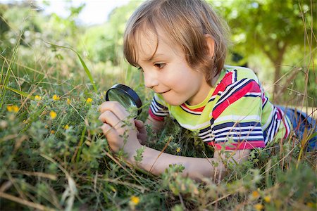 Happy little boy looking through magnifying glass on a sunny day Stock Photo - Budget Royalty-Free & Subscription, Code: 400-08019084