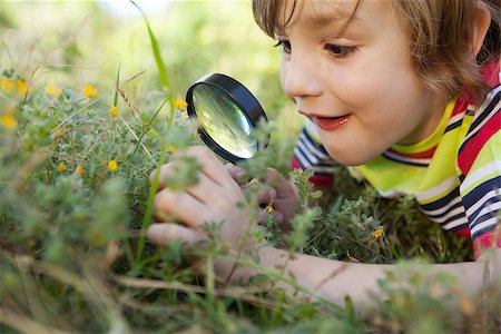 Happy little boy looking through magnifying glass on a sunny day Stock Photo - Budget Royalty-Free & Subscription, Code: 400-08019085
