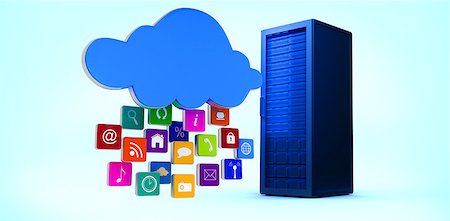 simsearch:400-07448077,k - Cloud with apps against digitally generated black server tower Fotografie stock - Microstock e Abbonamento, Codice: 400-08019337