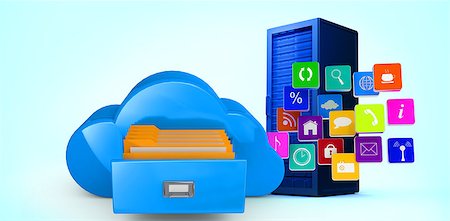 simsearch:400-07448077,k - Cloud with apps against digitally generated black server tower Fotografie stock - Microstock e Abbonamento, Codice: 400-08019338