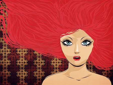 Illustration of a beautiful woman with blue eyes and red hair over pattern background. Stock Photo - Budget Royalty-Free & Subscription, Code: 400-08011082