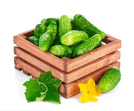 simsearch:400-07667021,k - Fresh cucumber in wooden box with green leaf and flower. Isolated on white background Stock Photo - Budget Royalty-Free & Subscription, Code: 400-08011350