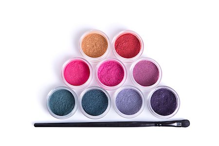 simsearch:649-08145726,k - Top view of mineral eye shadows and brush, isolated on white background with natural shadow Stock Photo - Budget Royalty-Free & Subscription, Code: 400-08011449