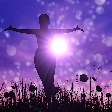 Silhouette of a young woman with raised hands on the meadow. Fotografie stock - Microstock e Abbonamento, Codice: 400-08011490