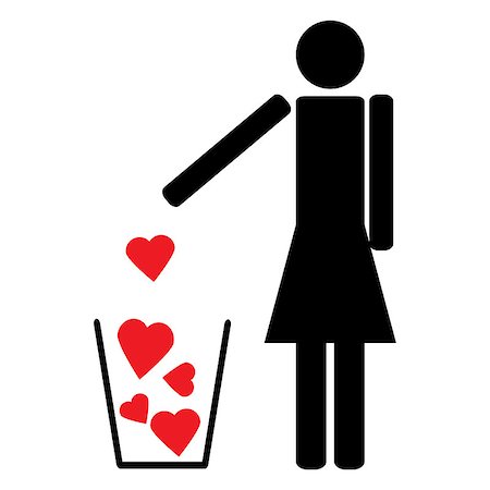 Woman figure symbol throws a few red hearts like garbage Photographie de stock - Aubaine LD & Abonnement, Code: 400-08012952