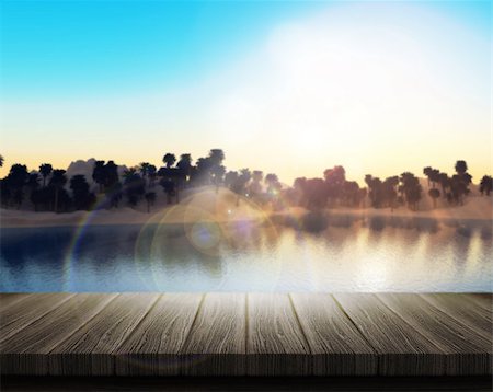 simsearch:400-09068018,k - 3D render of a wooden table looking out to a palm tree island with sun flares Stock Photo - Budget Royalty-Free & Subscription, Code: 400-08013033