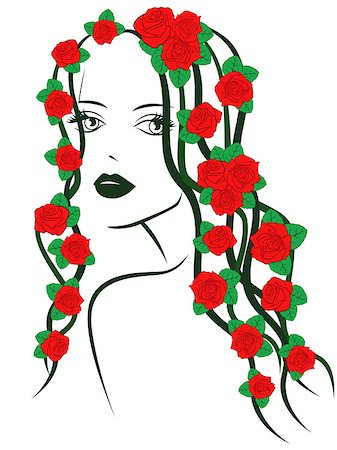 simsearch:400-04679404,k - Beautiful fashionable young girl portrait with red roses on hair over white, sketching vector illustration Foto de stock - Royalty-Free Super Valor e Assinatura, Número: 400-08013082