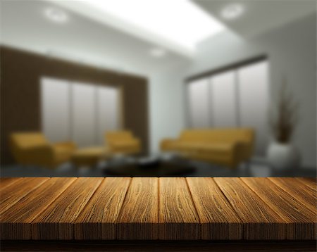 simsearch:400-09068018,k - 3D render of a wooden table with a room interior in the background Stock Photo - Budget Royalty-Free & Subscription, Code: 400-08013551