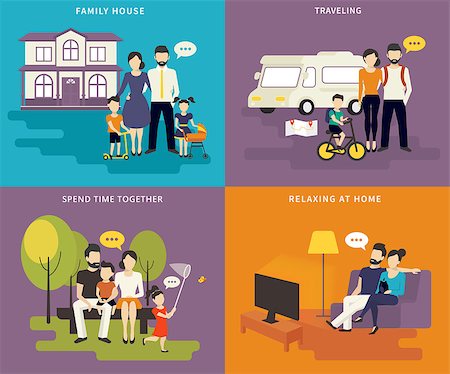 simsearch:400-08932328,k - Family with children concept flat icons set of house, traveling, spending time together, visiting watching tv Stock Photo - Budget Royalty-Free & Subscription, Code: 400-08013640
