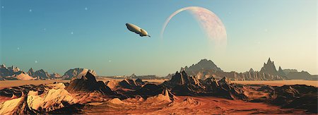 planet landscape - 3D render of a fictional space scene with a space ship flying towards a planet Stock Photo - Budget Royalty-Free & Subscription, Code: 400-08013977