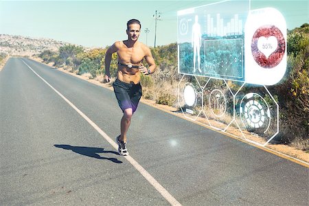 simsearch:400-07725266,k - Athletic man jogging on open road with monitor around chest against fitness interface Photographie de stock - Aubaine LD & Abonnement, Code: 400-08020256