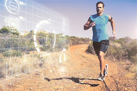 simsearch:400-08017381,k - Athletic man jogging on country trail against fitness interface Photographie de stock - Aubaine LD & Abonnement, Code: 400-08020259