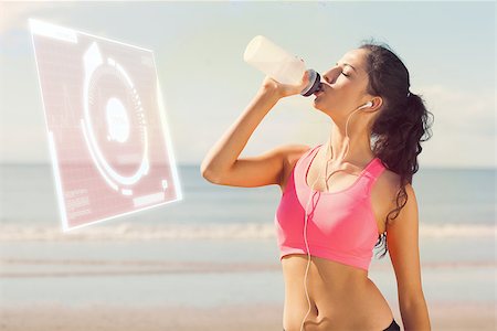simsearch:400-07180905,k - Beautiful healthy woman drinking water on beach against fitness interface Photographie de stock - Aubaine LD & Abonnement, Code: 400-08020267