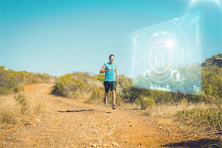 simsearch:400-07725266,k - Athletic man jogging on country trail against fitness interface Photographie de stock - Aubaine LD & Abonnement, Code: 400-08020260