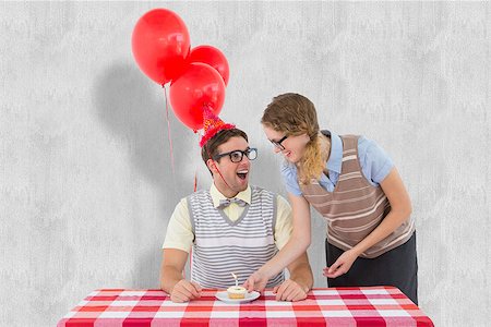 simsearch:400-08380794,k - Geeky hipster couple celebrating his birthday  against white background Stockbilder - Microstock & Abonnement, Bildnummer: 400-08020420