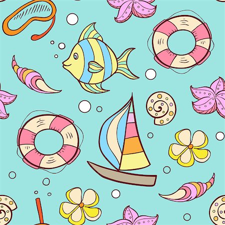 simsearch:400-04393429,k - Summer marine seamless pattern with boat, fish and lifebuoy Stockbilder - Microstock & Abonnement, Bildnummer: 400-08020577