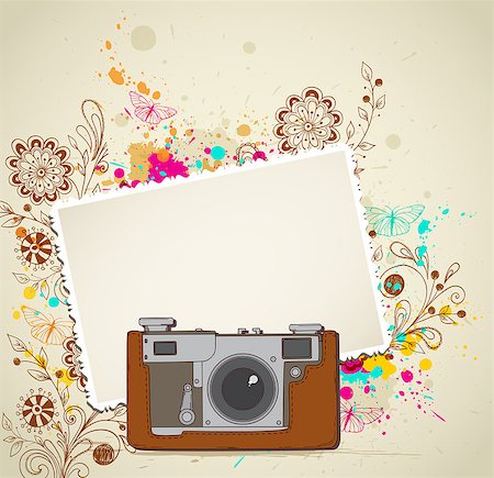 spray on camera - Abstract vector background with vintage camera and flowers Stock Photo - Budget Royalty-Free & Subscription, Code: 400-08020580