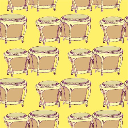 Sketch bongos musical instrument in vintage style, vector seamless pattern Stock Photo - Budget Royalty-Free & Subscription, Code: 400-08020703