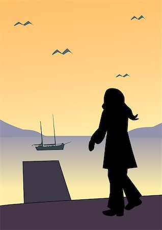 simsearch:400-07975760,k - Silhouette of a woman at the sea, where there is a sailboat in the sunset. Fotografie stock - Microstock e Abbonamento, Codice: 400-08020771