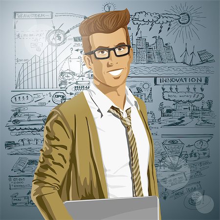 Vector hipster business man with laptop in his hands Stock Photo - Budget Royalty-Free & Subscription, Code: 400-08021111