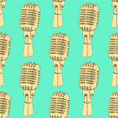 simsearch:400-08077627,k - Sketch old microphone in vintage style, vector seamless pattern Stock Photo - Budget Royalty-Free & Subscription, Code: 400-08021678