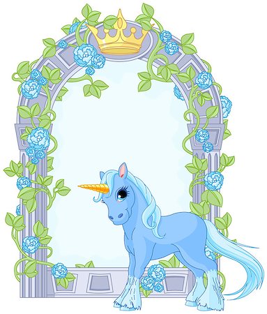 simsearch:400-08348836,k - Illustration of standing beautiful cute unicorn close to flower frame Stock Photo - Budget Royalty-Free & Subscription, Code: 400-08022157