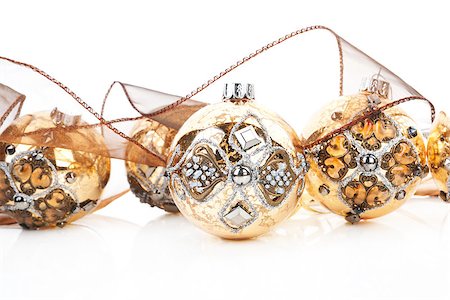 simsearch:400-05307881,k - Luxurious antique golden christmas balls decorated with brown ribbon. Traditional festive xmas background. Stock Photo - Budget Royalty-Free & Subscription, Code: 400-08034405