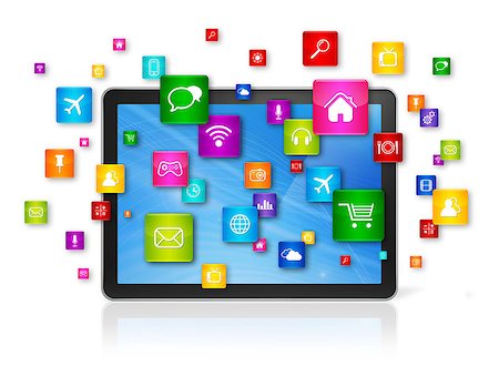 simsearch:400-08096956,k - 3D Digital Tablet pc with flying apps icons - isolated on white Stock Photo - Budget Royalty-Free & Subscription, Code: 400-08035338