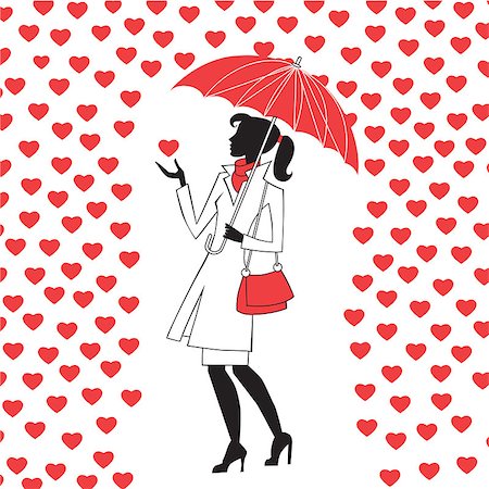 silhouette girl with umbrella - Modern young woman with an umbrella in the rain of red hearts, a way of love and Valentine Day Stock Photo - Budget Royalty-Free & Subscription, Code: 400-08035427