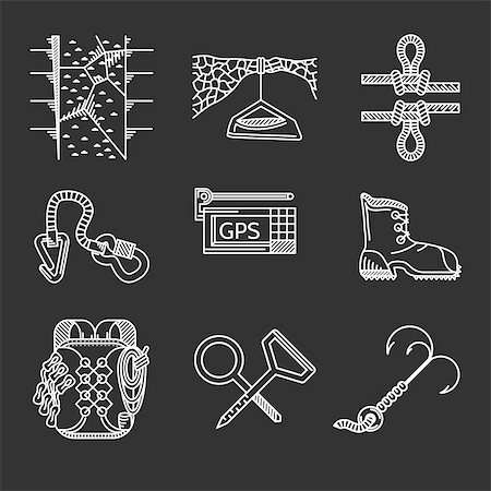 simsearch:400-04441774,k - Set of white flat line vector icons for outfit and equipment for rappelling, rock climbing on black background. Stock Photo - Budget Royalty-Free & Subscription, Code: 400-08035645