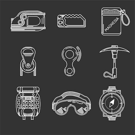 simsearch:400-04441774,k - Set of white flat line vector icons for outfit and equipment for rappelling, rock climbing on black background. Stock Photo - Budget Royalty-Free & Subscription, Code: 400-08035646