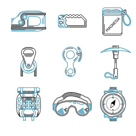 simsearch:400-04441774,k - Set of black and blue flat line vector icons for outfit and equipment for rappelling, rock climbing on white background. Stock Photo - Budget Royalty-Free & Subscription, Code: 400-08035652