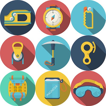 Set of round colored flat vector icons for rappelling or mountaineering or climbing equipment on white background. Long shadow design Stock Photo - Budget Royalty-Free & Subscription, Code: 400-08035711