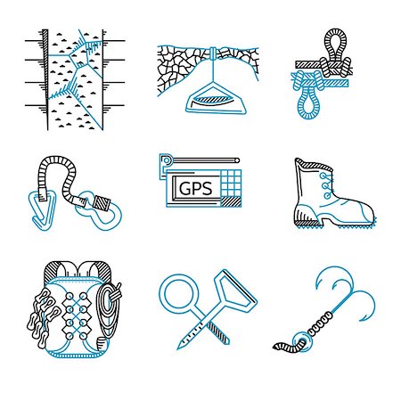 simsearch:400-04441774,k - Set of black and blue flat line vector icons for outfit and equipment for rappelling, rock climbing on white background. Stock Photo - Budget Royalty-Free & Subscription, Code: 400-08035713