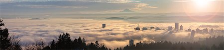 simsearch:400-07509093,k - Rolling Thick Fog Over City of Portland Oregon and Mt Hood at Sunrise Panorama Stock Photo - Budget Royalty-Free & Subscription, Code: 400-08035820