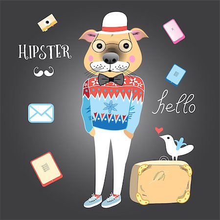 fashion dog cartoon - fashionable graphics dog hipster with a suitcase on a dark background Stock Photo - Budget Royalty-Free & Subscription, Code: 400-08036151